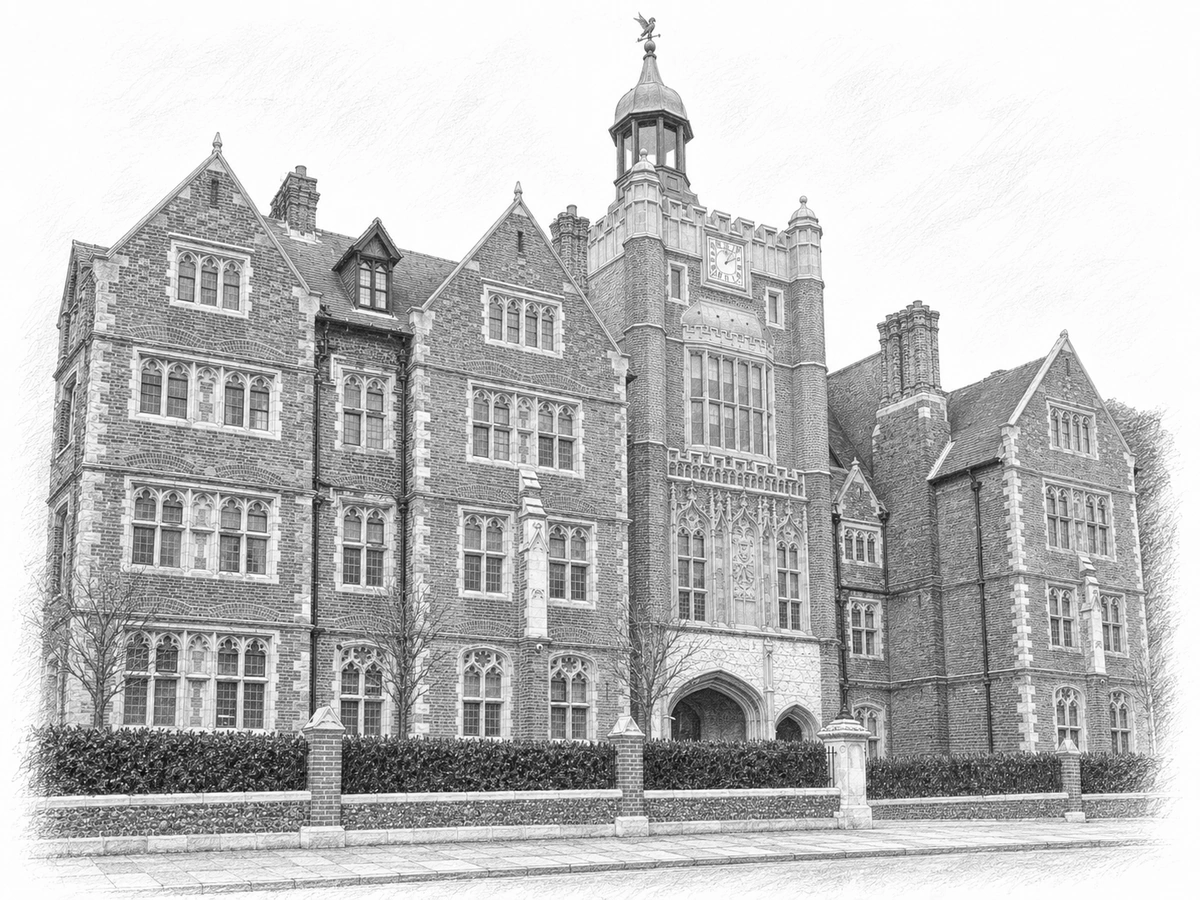Graphite architectural illustration of Main buildings, Brighton College, Eastern Road