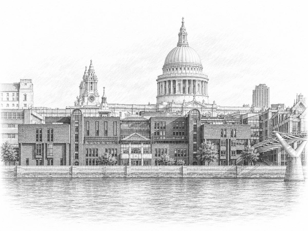 Graphite architectural illustration of City of London School, seen from the South Bank