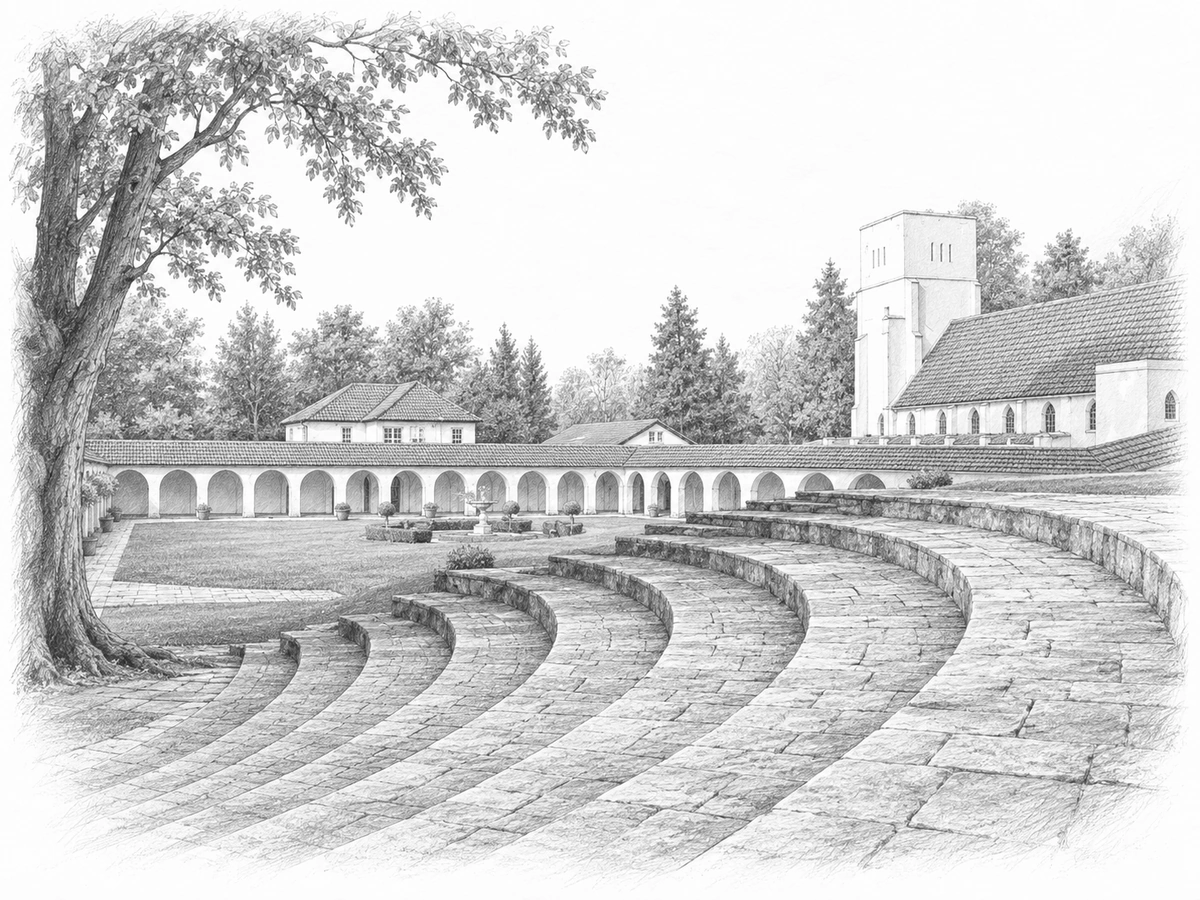 Graphite architectural illustration of Cloisters, chapel and Greek Steps, Cold Ash