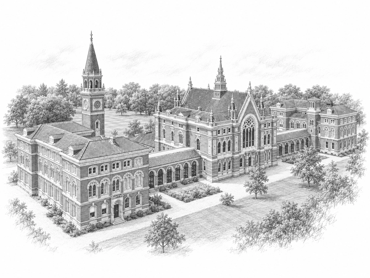 Graphite architectural illustration of Barry Buildings, elevated three-quarter view