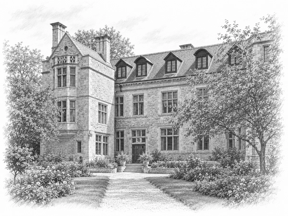 Graphite architectural illustration of School House garden facade, Magdalen College School, Oxford
