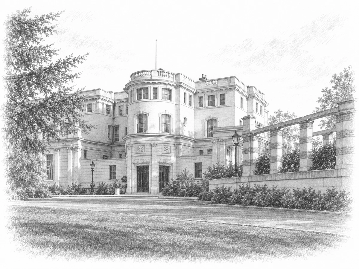 Graphite architectural illustration of Former Canons mansion, North London Collegiate School, Edgware