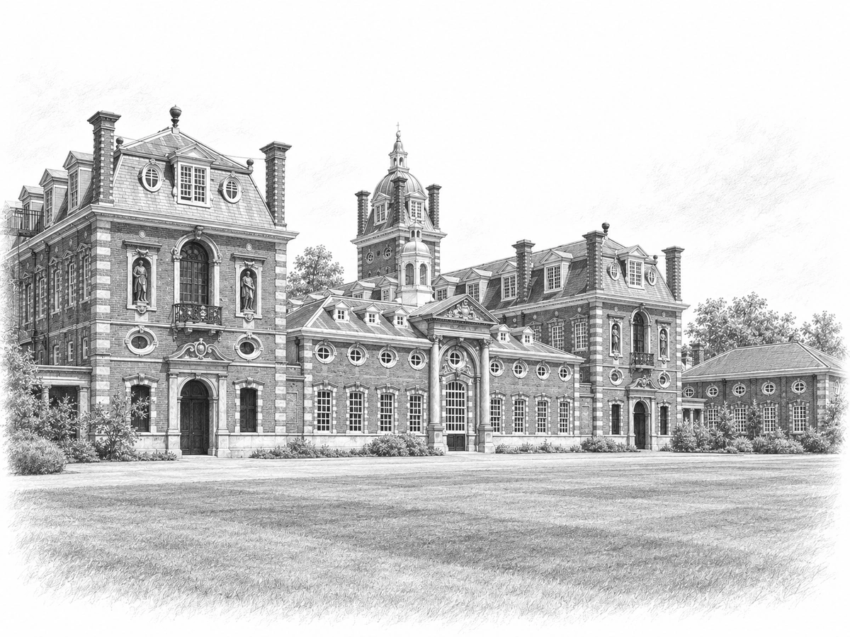 Graphite architectural illustration of South front, Wellington College, Berkshire